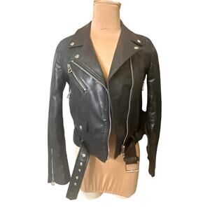ZARA Black Faux Leather Moto Jacket XS Biker Zip Cropped Belted